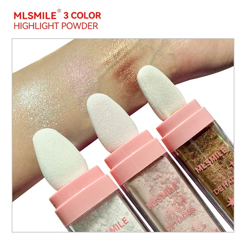 Polvo de Hadas Iluminador 3 Color Highlight Powder 10g Brillo Mágico para Rostro Ojos Labios y Cabello Fórmula Suave