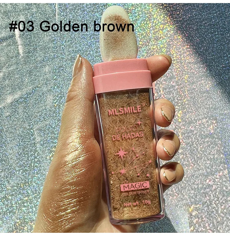 Polvo de Hadas Iluminador 3 Color Highlight Powder 10g Brillo Mágico para Rostro Ojos Labios y Cabello Fórmula Suave
