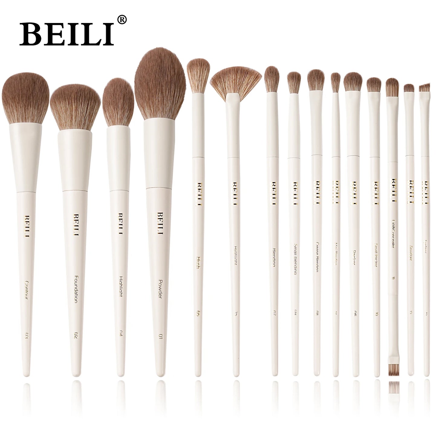 Set 15 Brochas de maquillaje BEILI para base, contorno, sombras, delineado, rubor, difuminado e iluminador.
