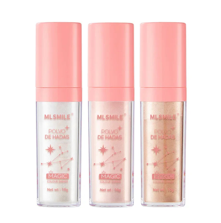 Polvo de Hadas Iluminador 3 Color Highlight Powder 10g Brillo Mágico para Rostro Ojos Labios y Cabello Fórmula Suave