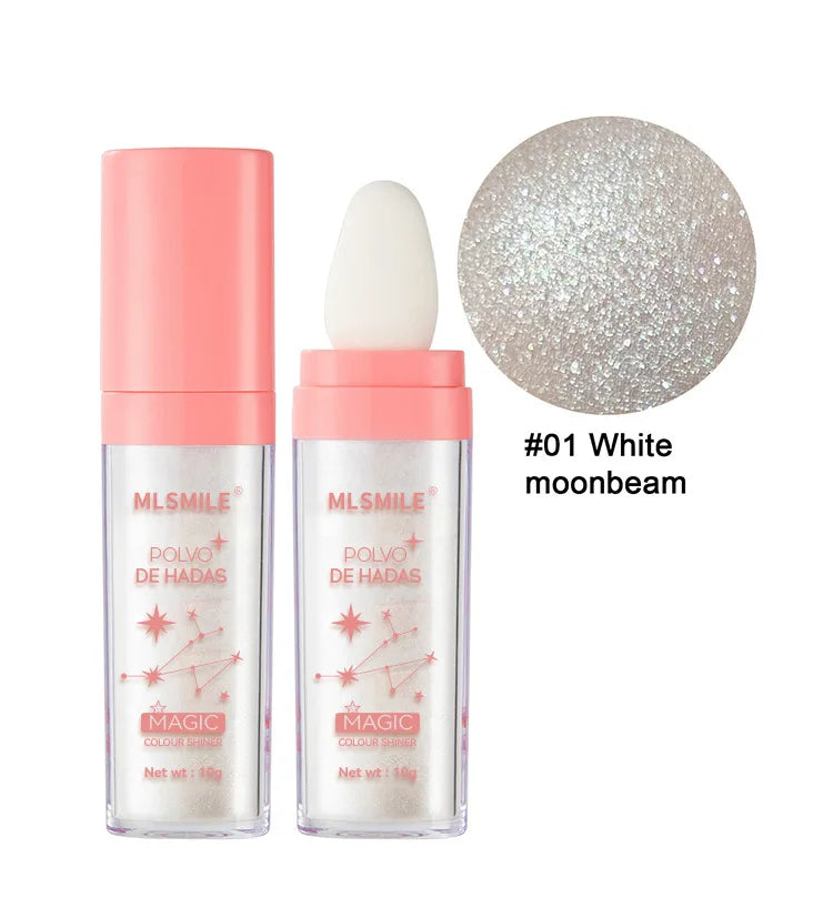 Polvo de Hadas Iluminador 3 Color Highlight Powder 10g Brillo Mágico para Rostro Ojos Labios y Cabello Fórmula Suave
