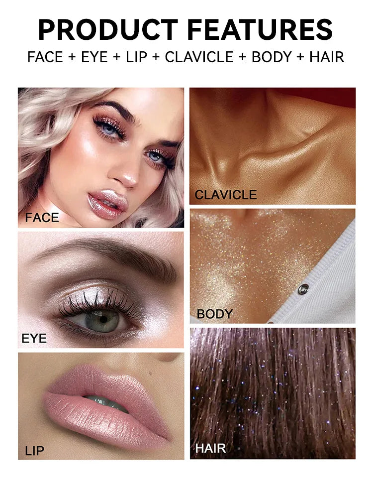 Polvo de Hadas Iluminador 3 Color Highlight Powder 10g Brillo Mágico para Rostro Ojos Labios y Cabello Fórmula Suave