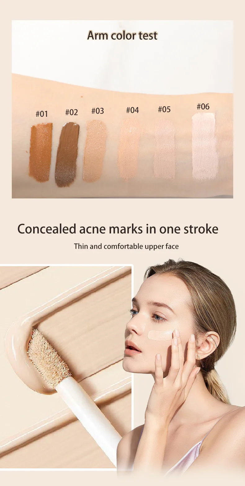 Corrector líquido mate de alta cobertura, resistente al agua y control de grasa.
