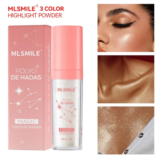 Polvo de Hadas Iluminador 3 Color Highlight Powder 10g Brillo Mágico para Rostro Ojos Labios y Cabello Fórmula Suave